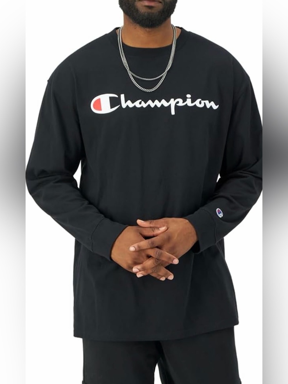 Champion Black Long Sleeve Logo Tee with White & Red Accents